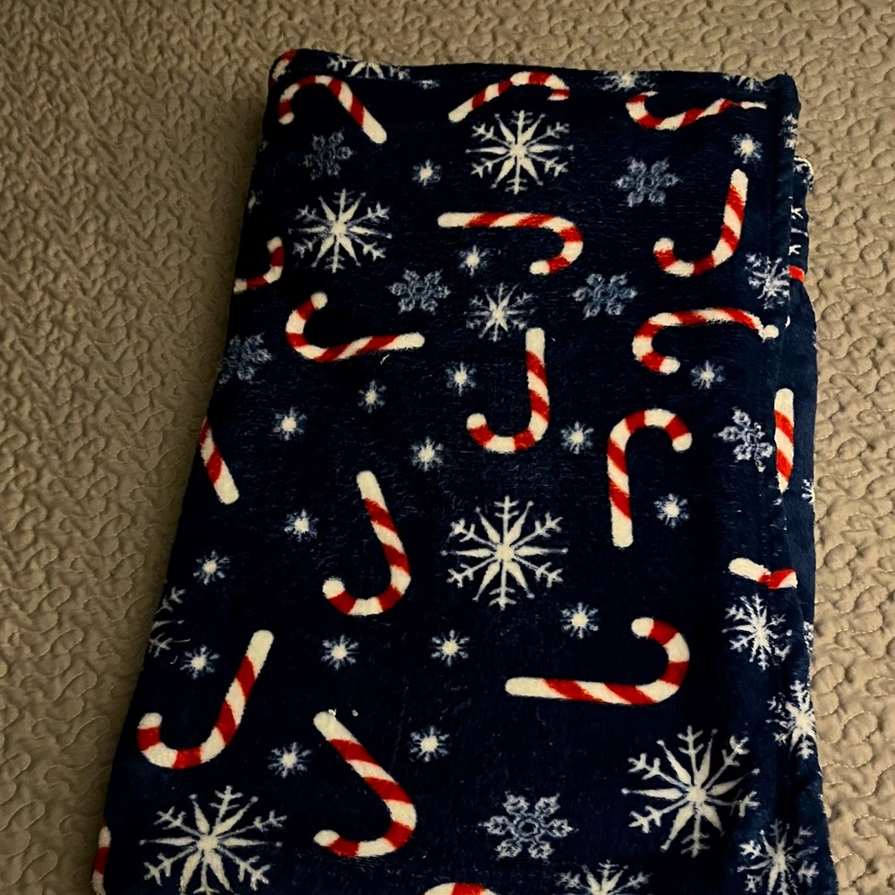 Holiday Time Blue and White Candy Cane and Snow Flakes Throw 50 x 60 inches